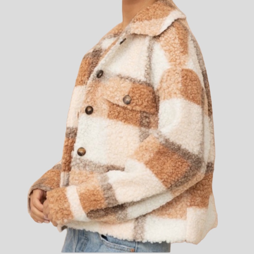 NWT Blue B Plaid Flap Pocket Teddy Jacket